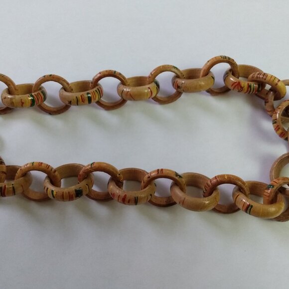 Vintage Wooden Link Ring Necklace Tropical Hand Painted Jewelry Antique Clasp - Picture 5 of 16